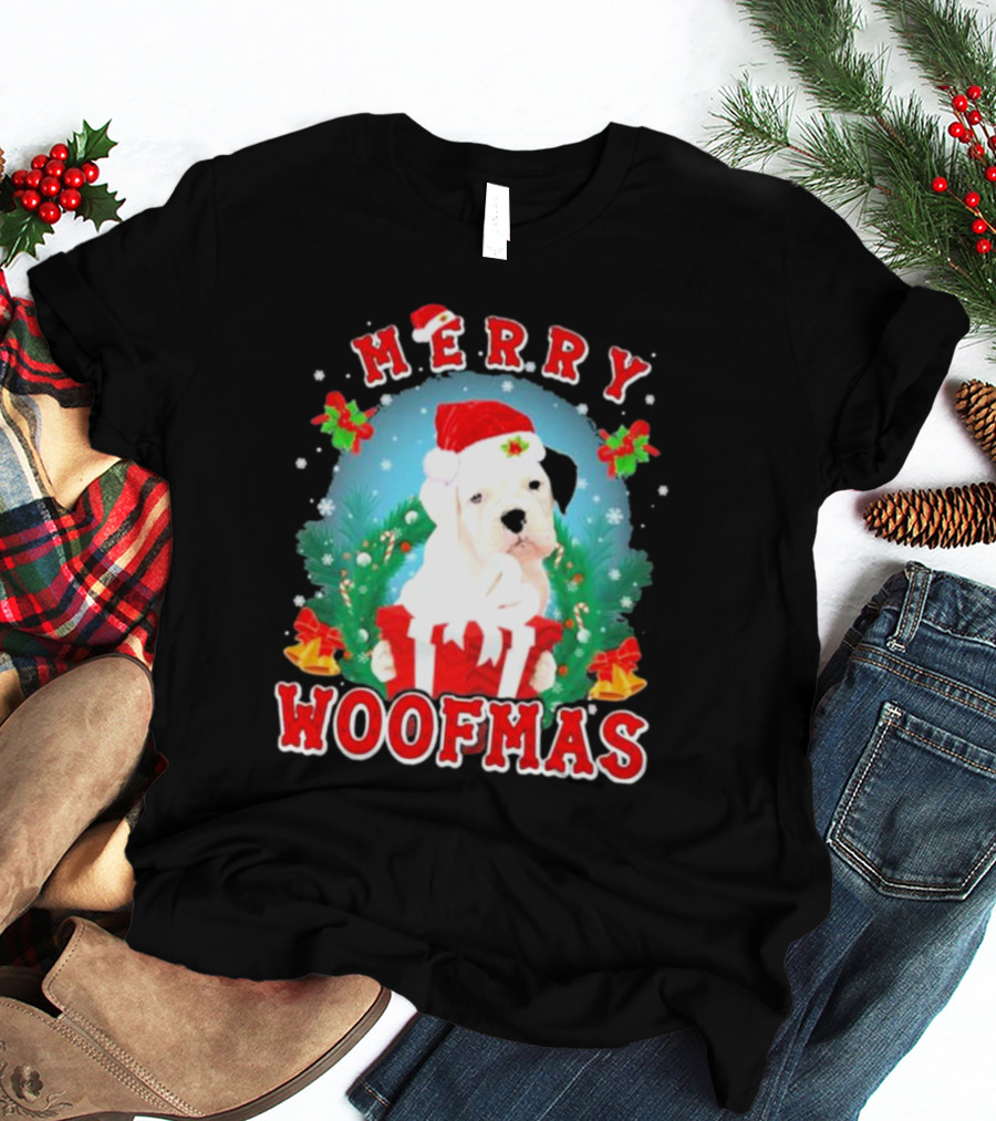 Boxer Puppy Merry Woofmas With Santa Hat And Gift T-Shirt