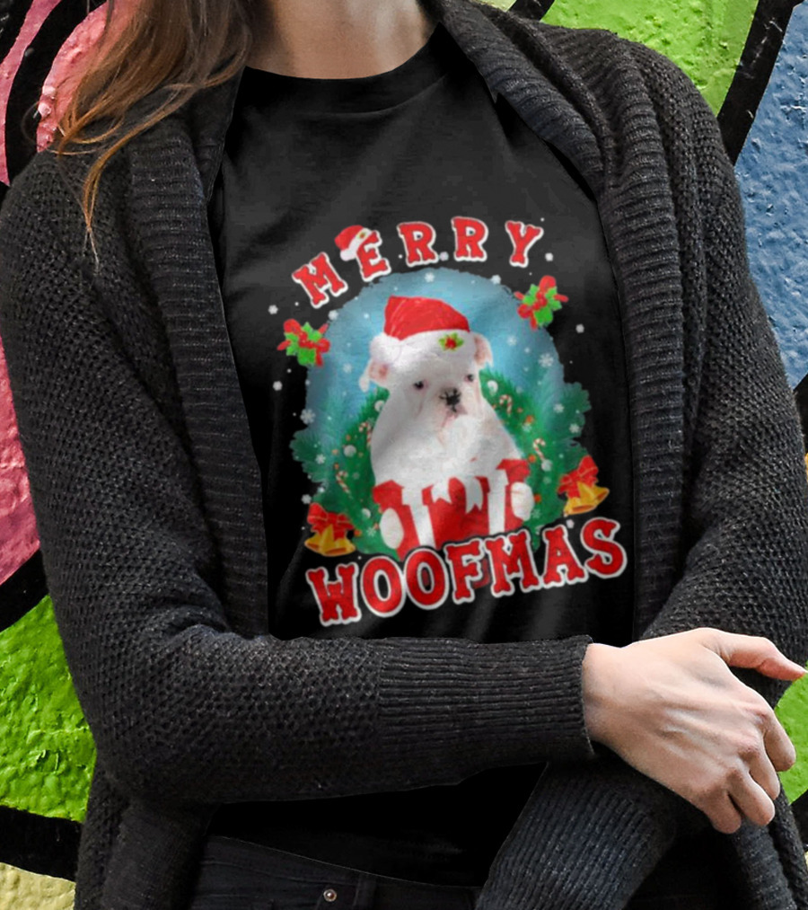 Bulldog In Santa Hat Merry Woofmas With Gifts And Bells T-Shirt