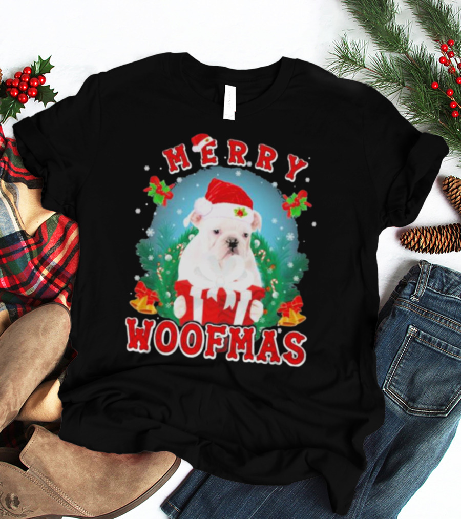 Bulldog In Santa Hat Merry Woofmas With Gifts And Bells T-Shirt