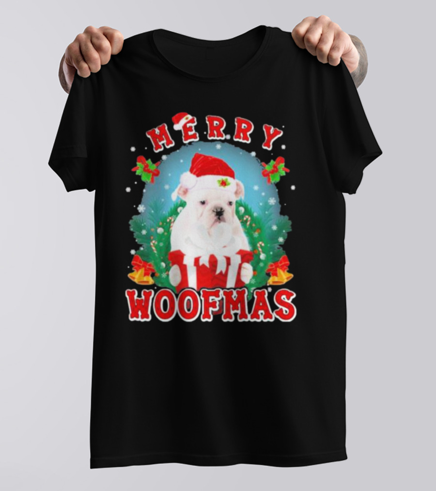 Bulldog In Santa Hat Merry Woofmas With Gifts And Bells T-Shirt
