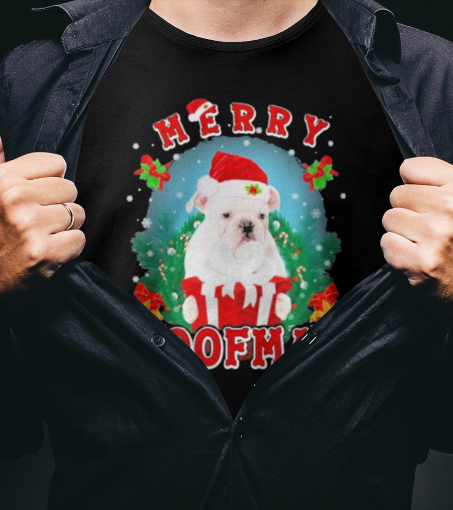 Bulldog In Santa Hat Merry Woofmas With Gifts And Bells T-Shirt