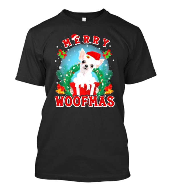 Chihuahua Merry Woofmas Santa Hat Wreath And Gift Box T-Shirt