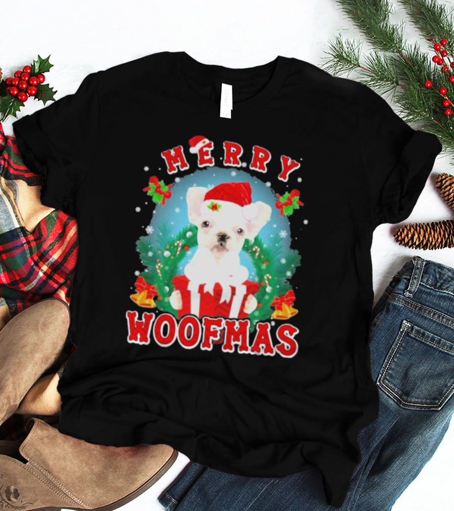 French Bulldog Merry Woofmas Holiday Joy Santa Hat Clematis Snow Christmas Wreath T-Shirt