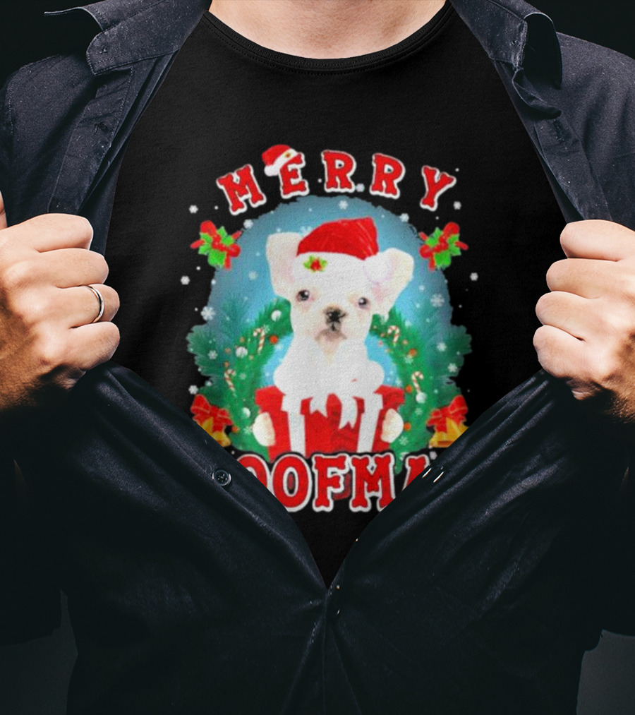 French Bulldog Merry Woofmas Holiday Joy Santa Hat Clematis Snow Christmas Wreath T-Shirt