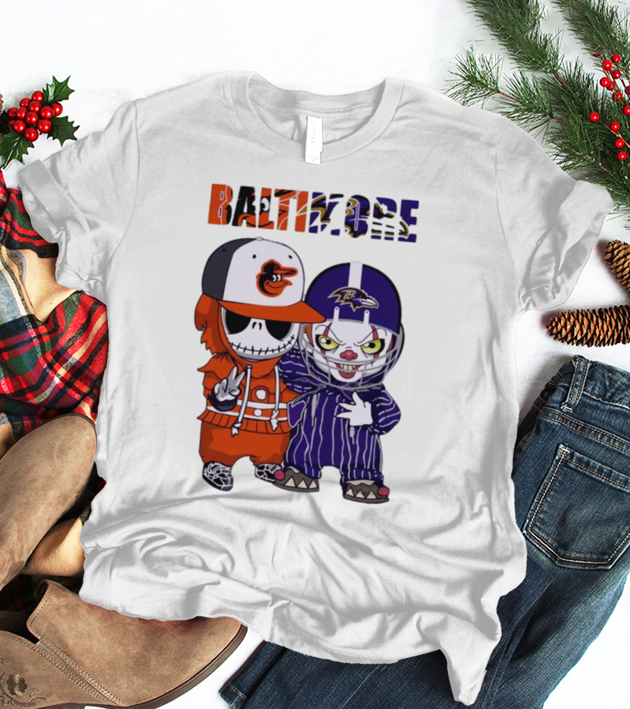 Baby Jack Skellington Pennywise Mashup Baltimore Orioles Ravens Halloween T-Shirt