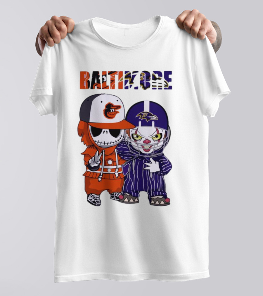 Baby Jack Skellington Pennywise Mashup Baltimore Orioles Ravens Halloween T-Shirt