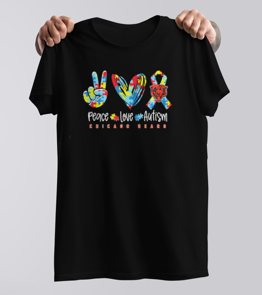 Peace Love Autism Chicago Bears NFL Support Puzzle T-Shirt