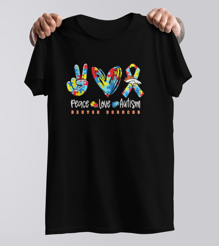 Peace Love Autism Denver Broncos NFL Logo Puzzle T-Shirt