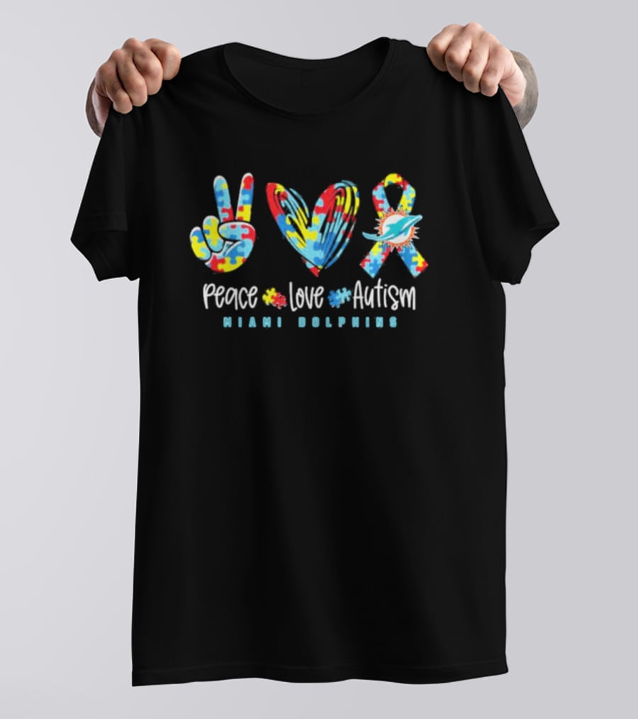Peace Love Autism Miami Dolphins NFL Puzzle T-Shirt