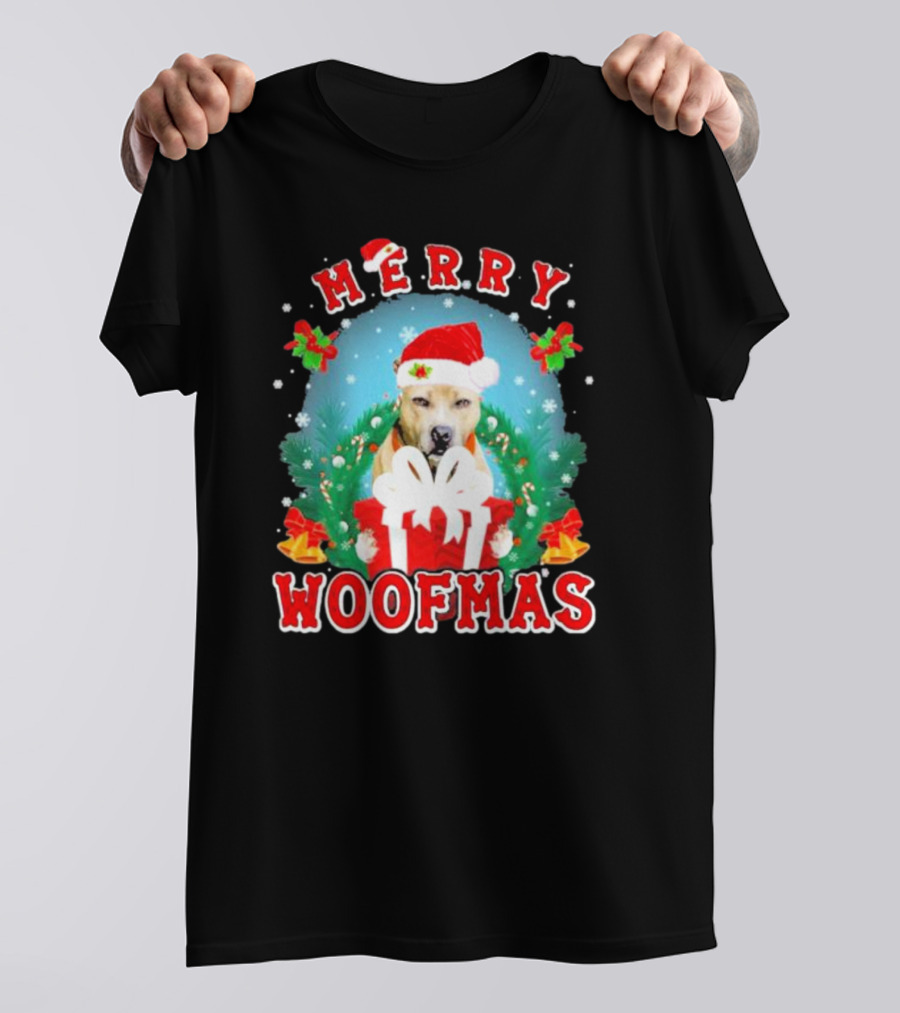 Pitbull Merry Woofmas Santa Hat And Holiday Gift Box T-Shirt