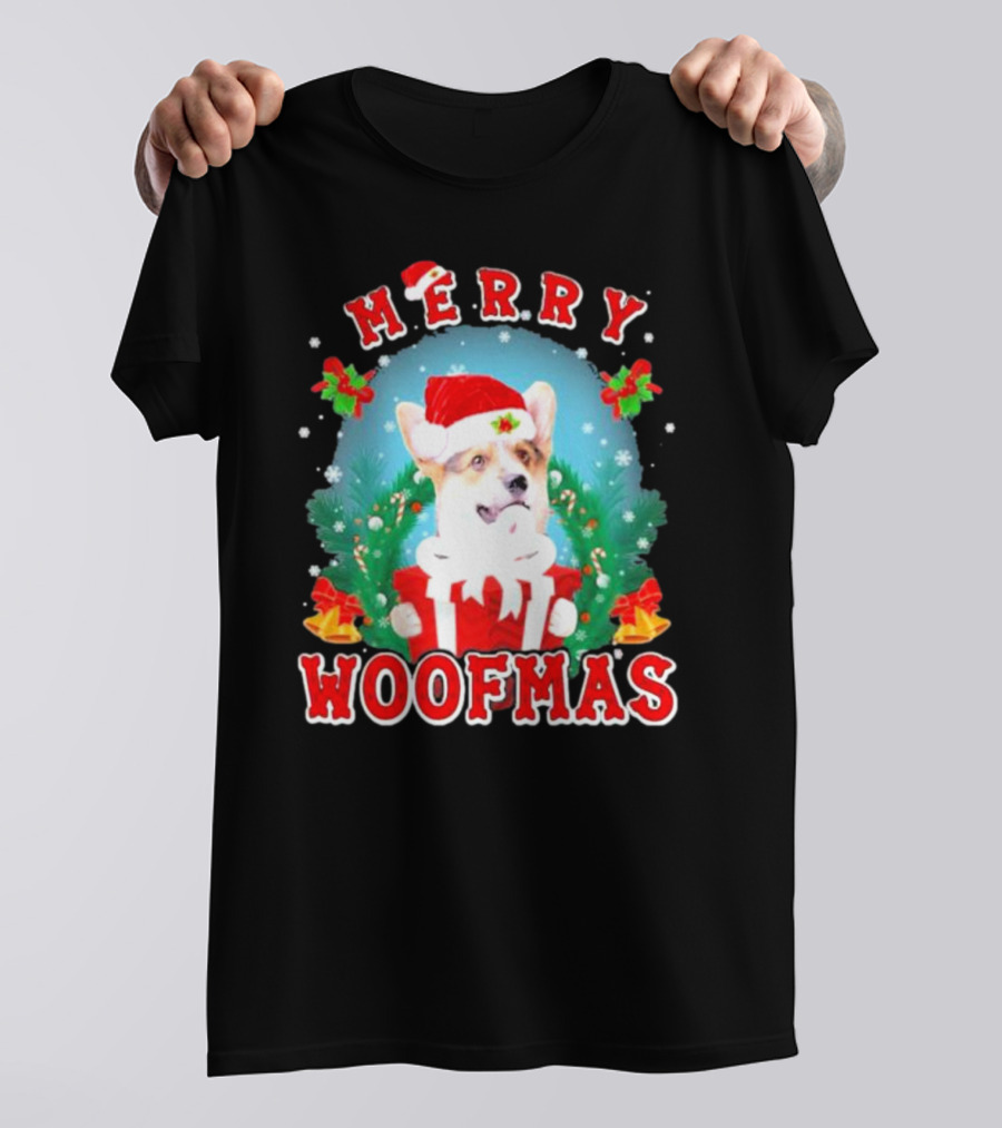 Merry Woofmas Welsh Corgi In Santa Hat With Presents And Christmas Decorations T-Shirt