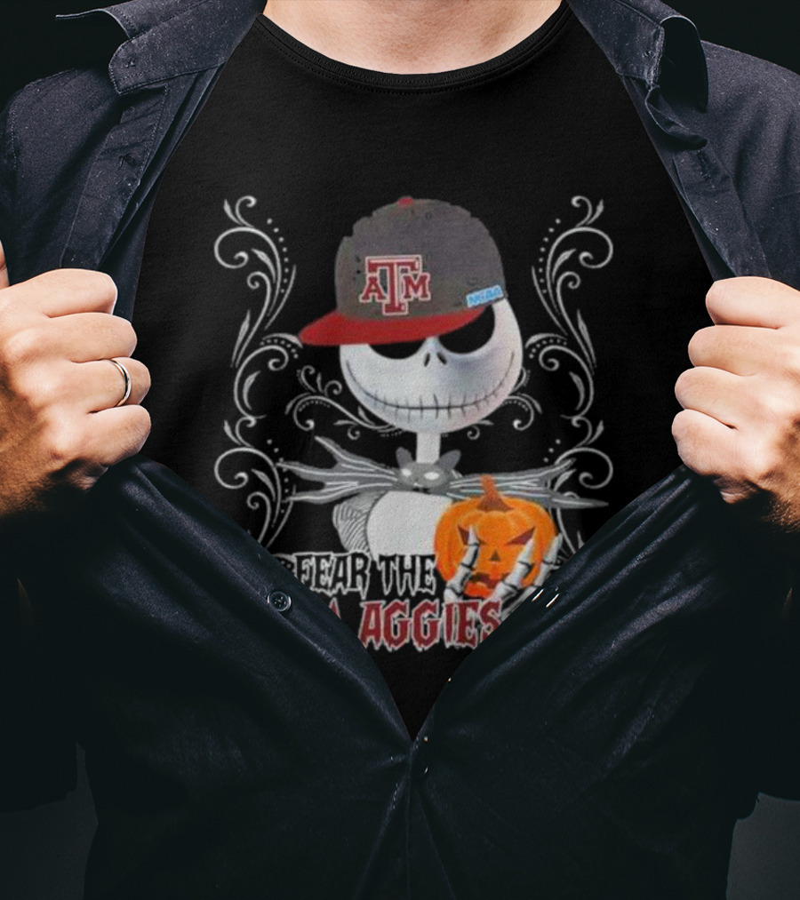 Jack Skellington Wearing Texas A&M Hat Holding Pumpkin With Fear The A&M Aggies Halloween T-Shirt