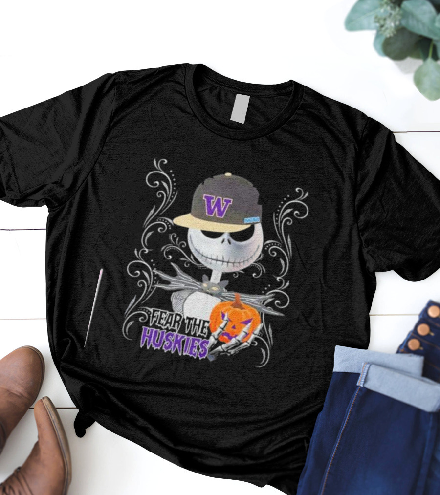 Jack Skellington Fear The Huskies Halloween Washington Pumpkin T-Shirt