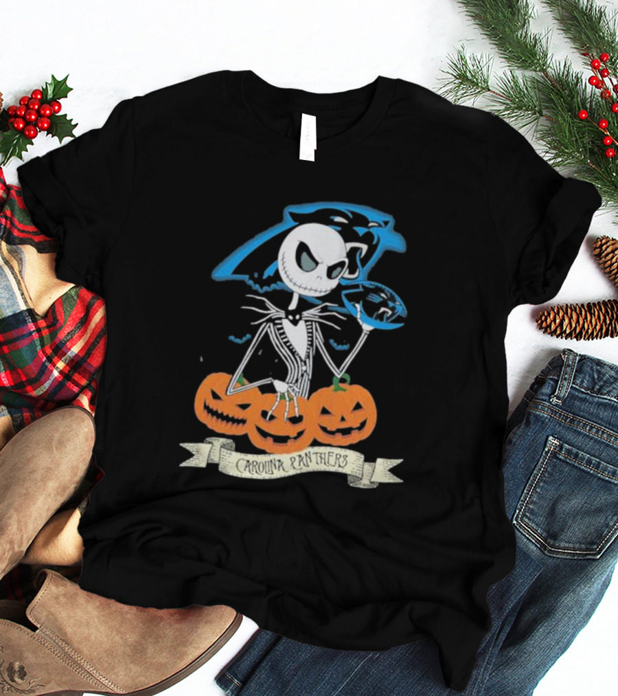 NFL Carolina Panthers Jack Skellington Halloween Football Pumpkins T-Shirt