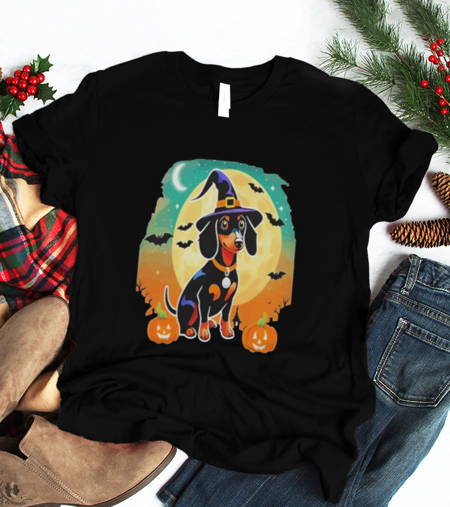 Dachshund Dog Witch Hat Moon Bats Pumpkins T-Shirt