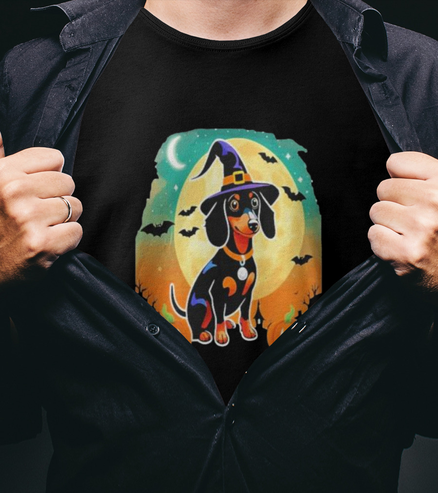 Dachshund Dog Witch Hat Moon Bats Pumpkins T-Shirt