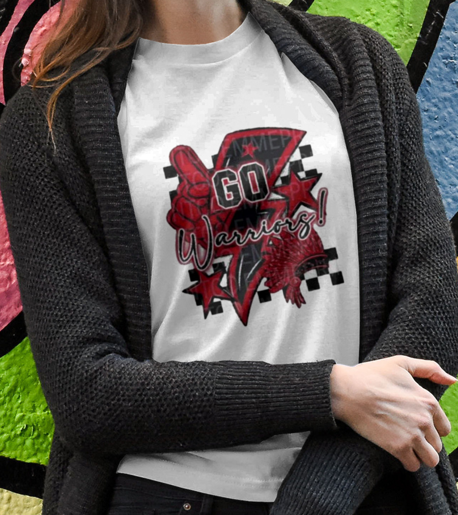 Go Warriors Football Sublimation With Foam Finger And Red Headdress T-Shirt