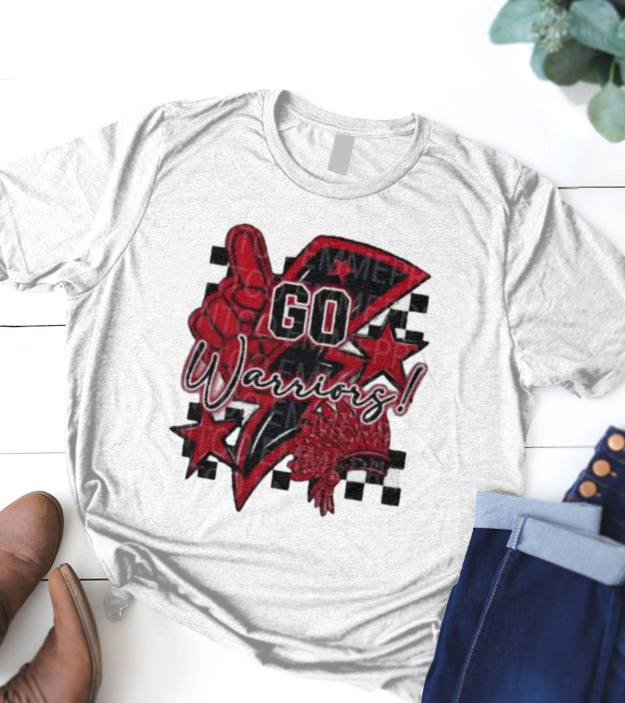 Go Warriors Football Sublimation With Foam Finger And Red Headdress T-Shirt