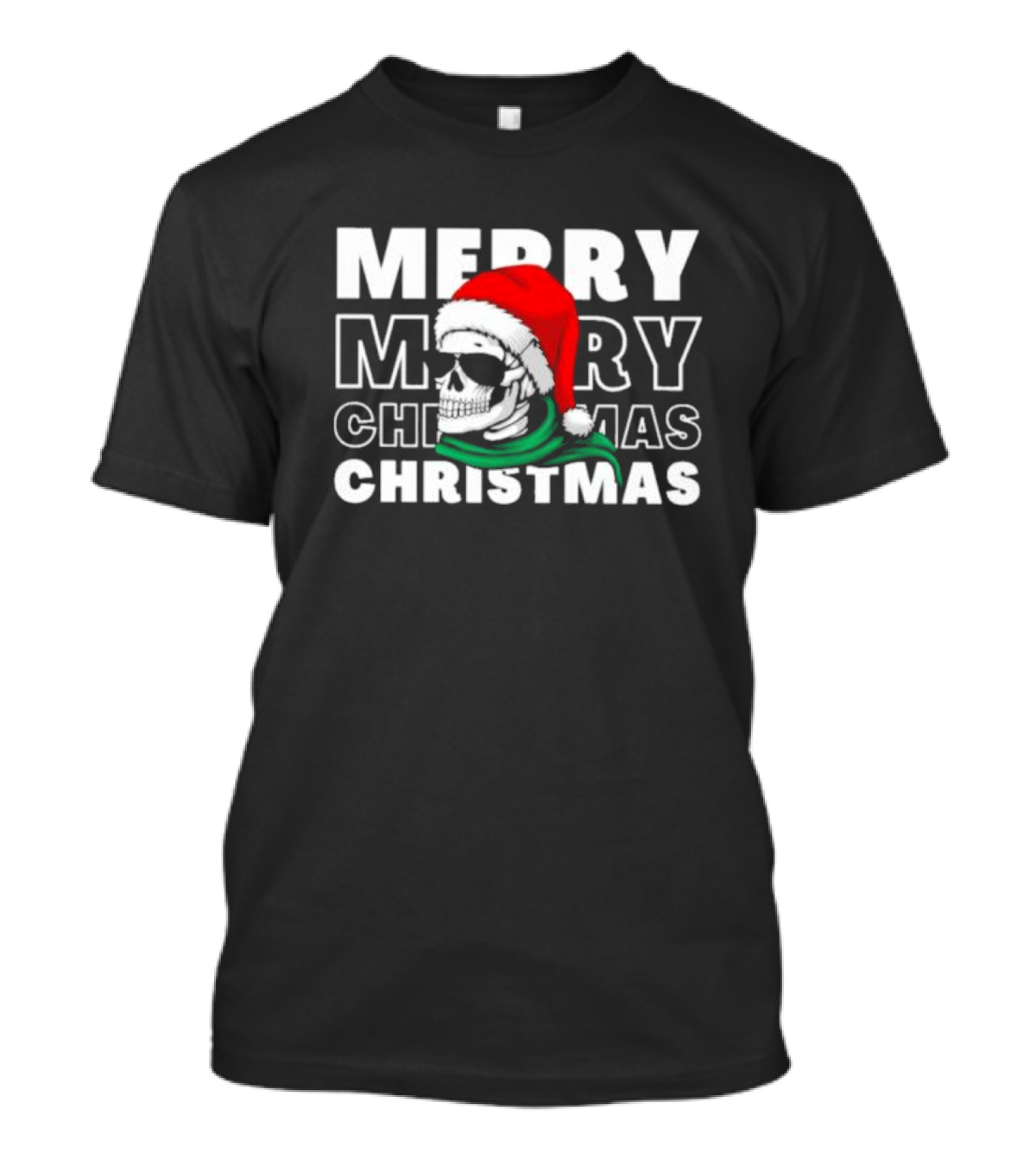 Merry Christmas Skull Santa Hat And Sunglasses T-Shirt