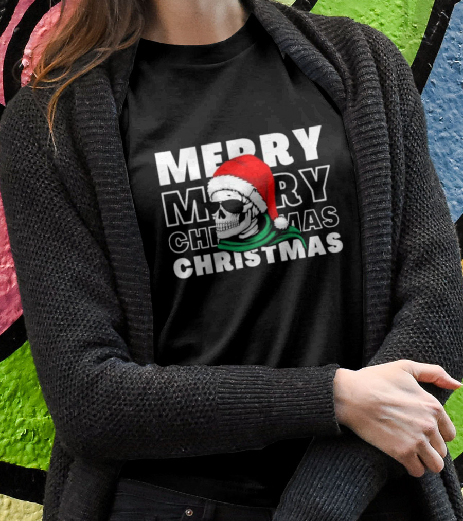 Merry Christmas Skull Santa Hat And Sunglasses T-Shirt