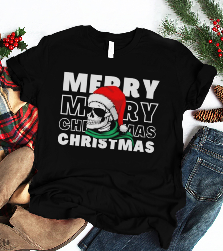 Merry Christmas Skull Santa Hat And Sunglasses T-Shirt