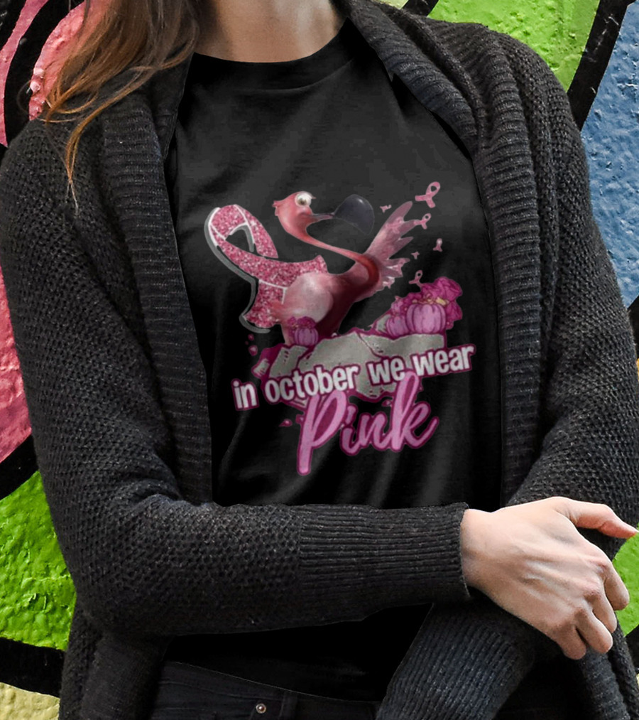 In October We Wear Pink Flamingo Breast Cancer Awareness Halloween T-Shirt