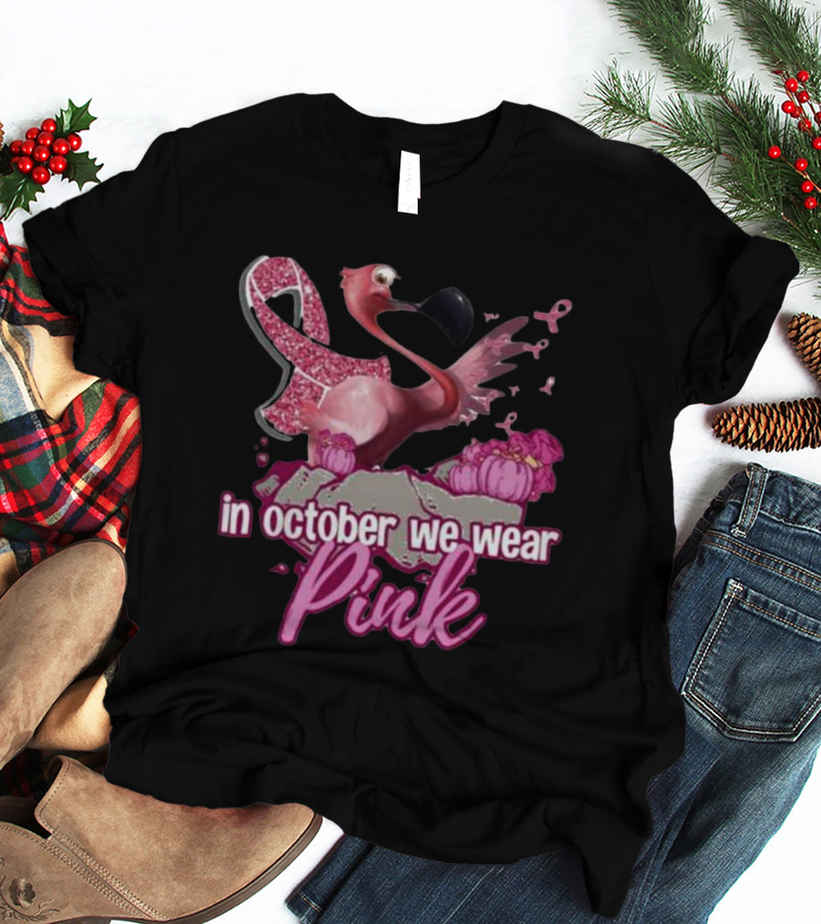 In October We Wear Pink Flamingo Breast Cancer Awareness Halloween T-Shirt