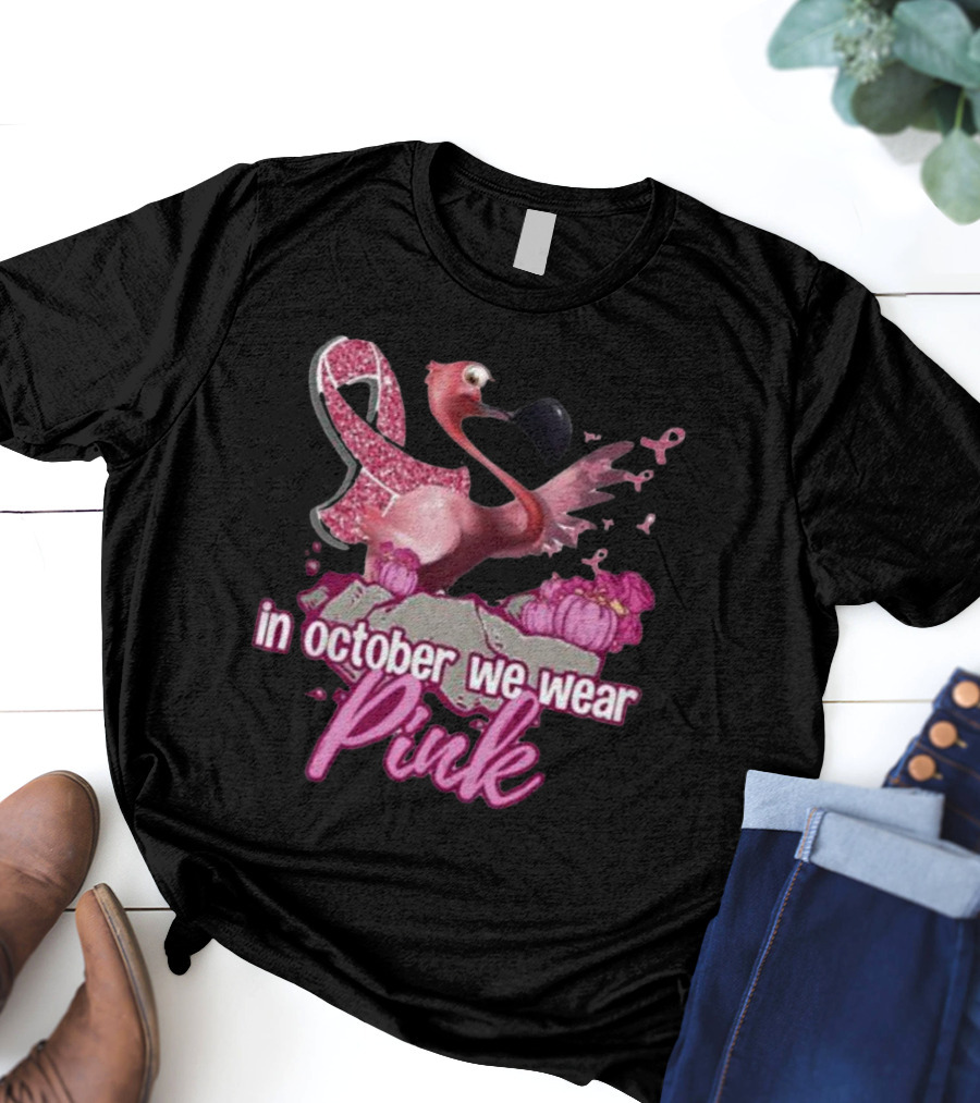 In October We Wear Pink Flamingo Breast Cancer Awareness Halloween T-Shirt
