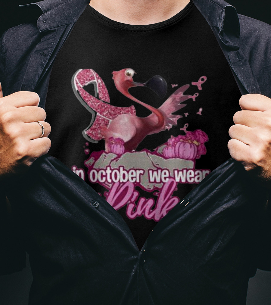 In October We Wear Pink Flamingo Breast Cancer Awareness Halloween T-Shirt