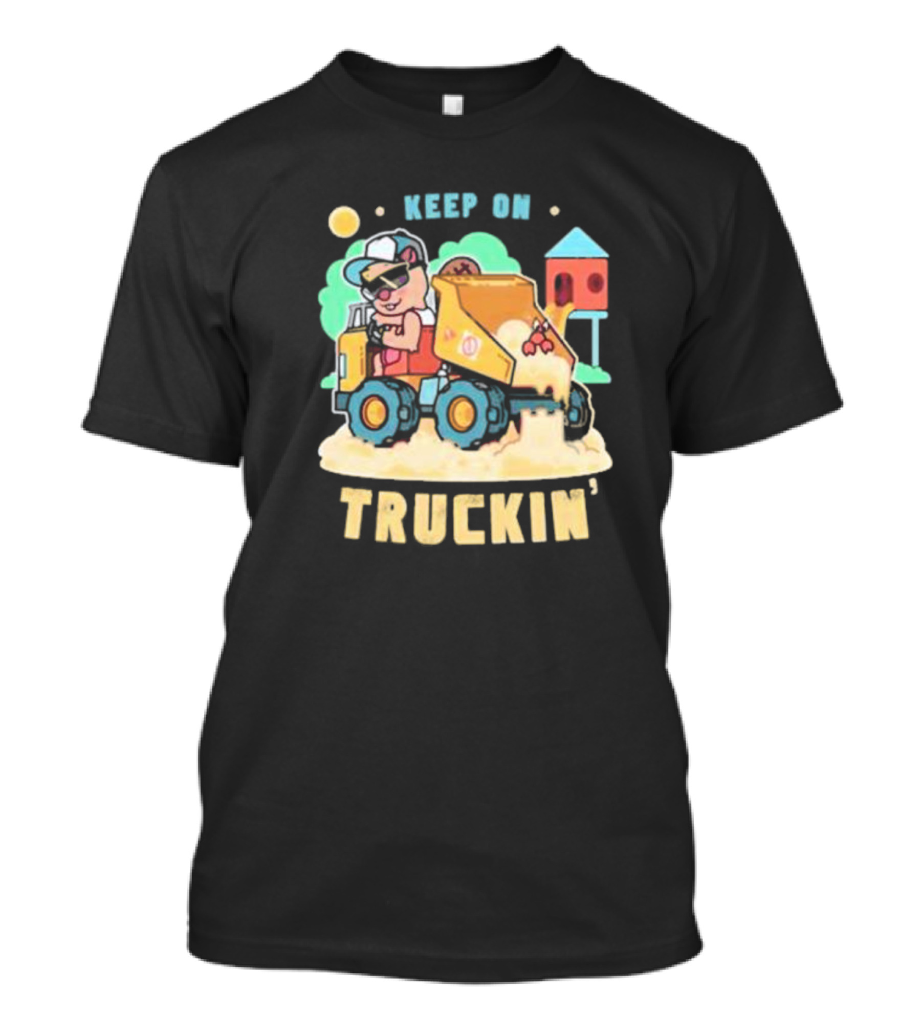 Keep On Truckin’ Cartoon Dog Driving Dump Truck With Doghouse And Sun T-Shirt