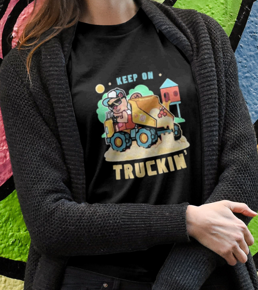 Keep On Truckin’ Cartoon Dog Driving Dump Truck With Doghouse And Sun T-Shirt
