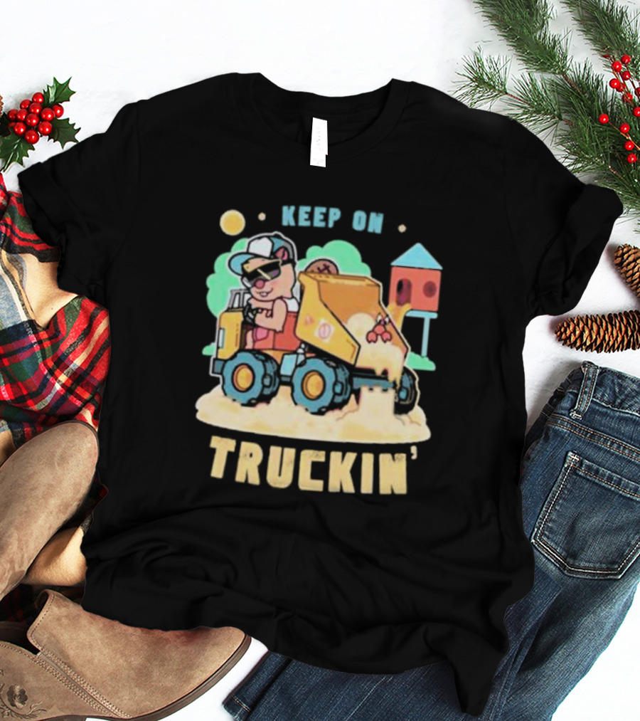 Keep On Truckin’ Cartoon Dog Driving Dump Truck With Doghouse And Sun T-Shirt