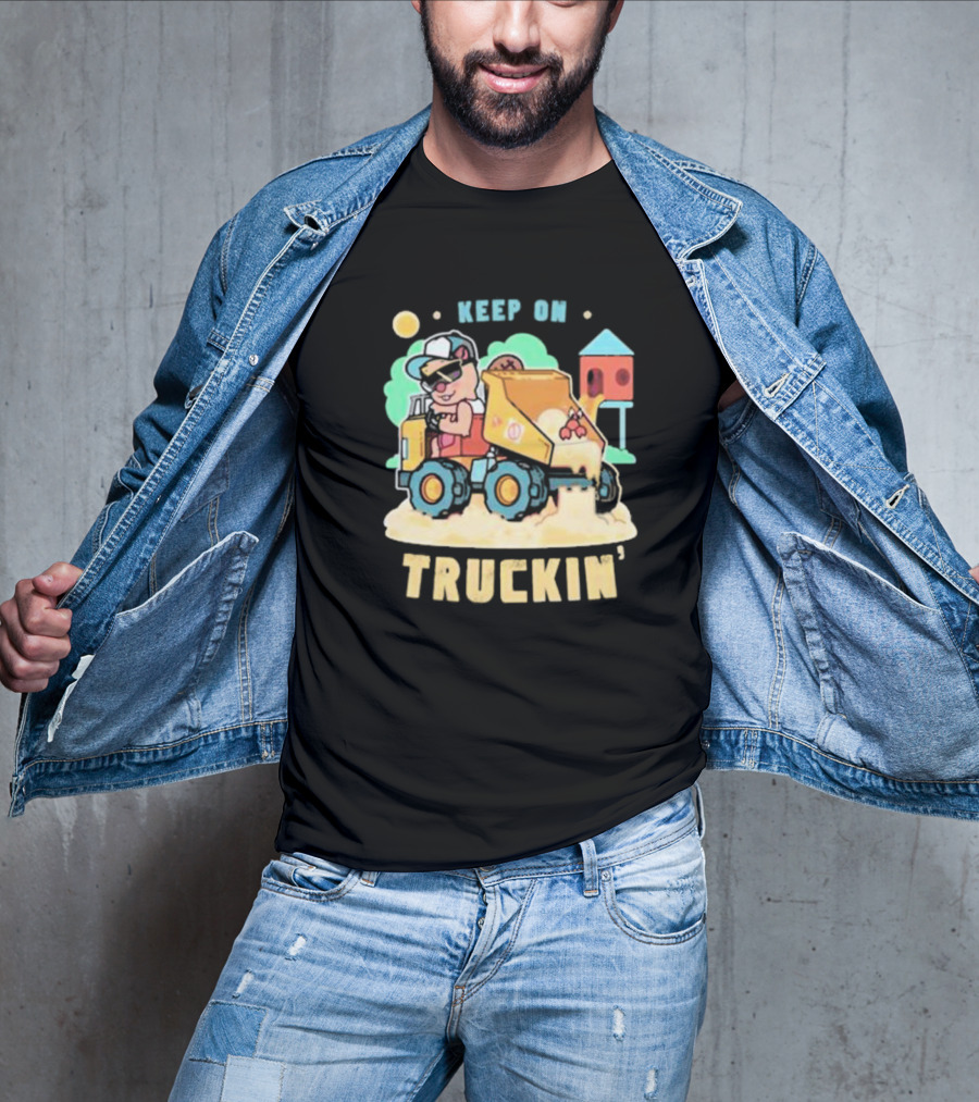 Keep On Truckin’ Cartoon Dog Driving Dump Truck With Doghouse And Sun T-Shirt