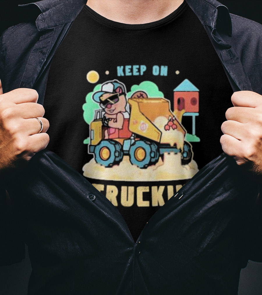 Keep On Truckin’ Cartoon Dog Driving Dump Truck With Doghouse And Sun T-Shirt