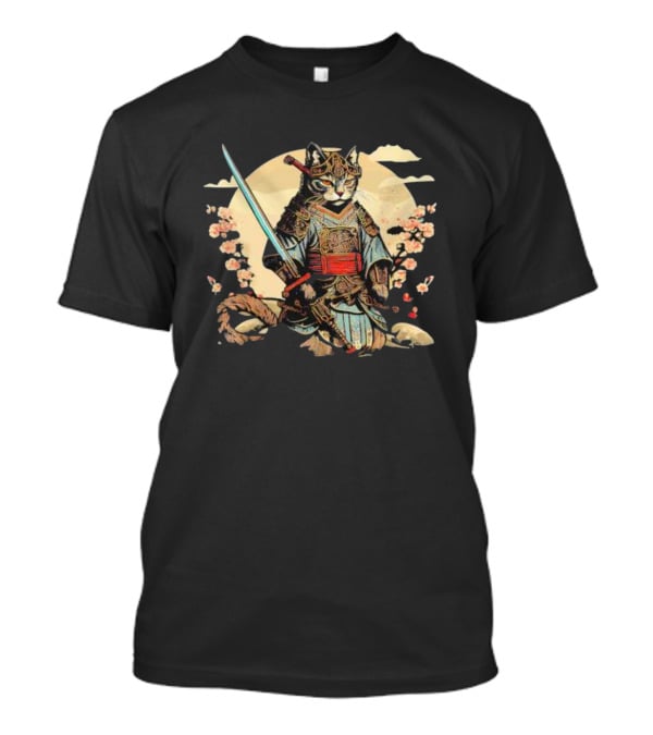 Samurai Cat Japanese Ninja Warrior Cherry Blossom Moon Warrior T-Shirt