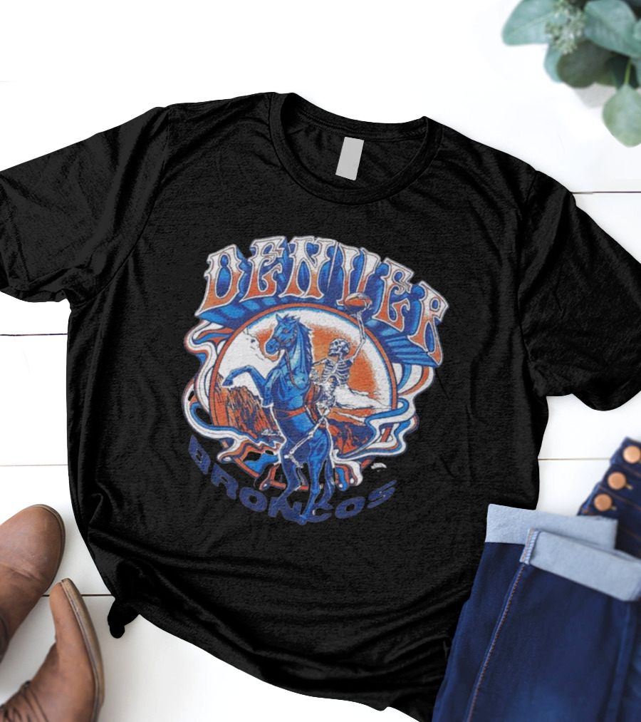 Nfl X Grateful Dead X Denver Broncos Skeleton Riding Horse Football T-Shirt
