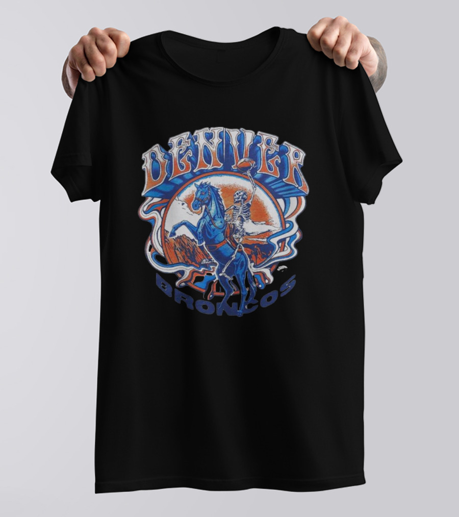 Nfl X Grateful Dead X Denver Broncos Skeleton Riding Horse Football T-Shirt