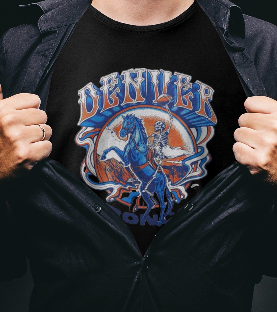 Nfl X Grateful Dead X Denver Broncos Skeleton Riding Horse Football T-Shirt