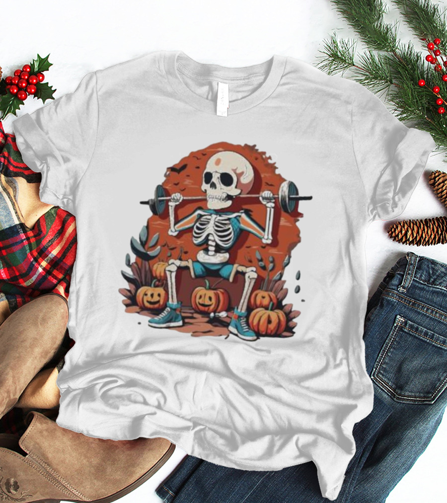 Skeleton Lifting Weights With Pumpkins Halloween Fitness T-Shirt