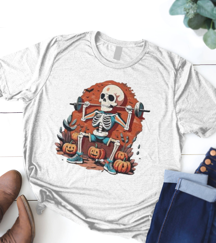 Skeleton Lifting Weights With Pumpkins Halloween Fitness T-Shirt
