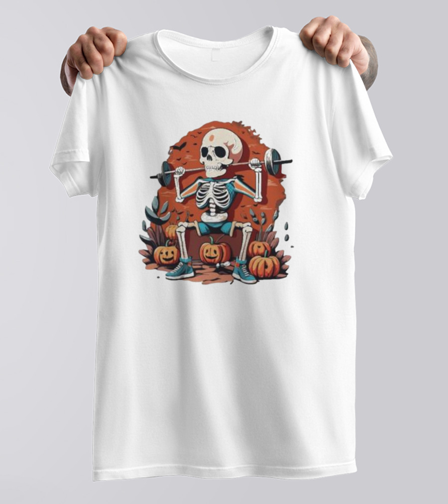 Skeleton Lifting Weights With Pumpkins Halloween Fitness T-Shirt