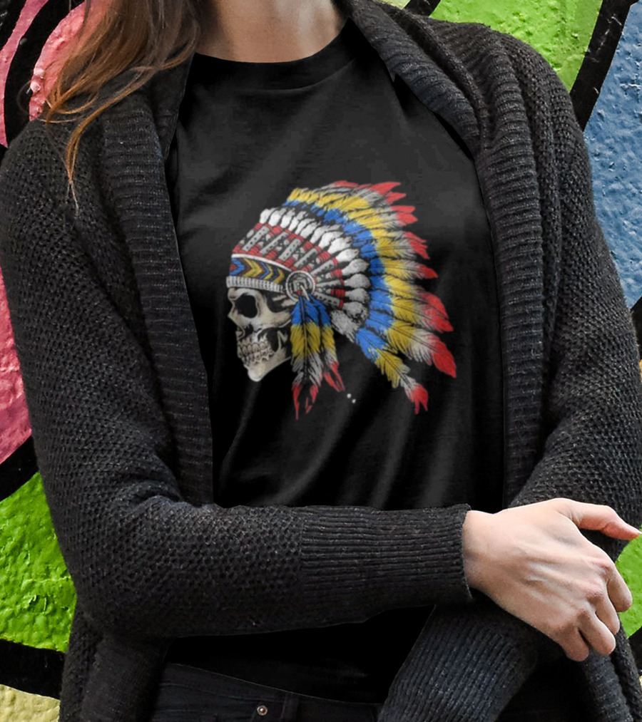 Skull War Chief Colorful Feather Headdress T-Shirt