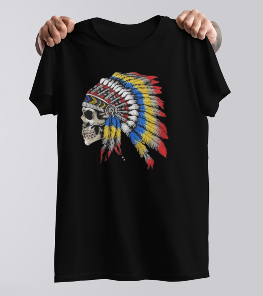Skull War Chief Colorful Feather Headdress T-Shirt