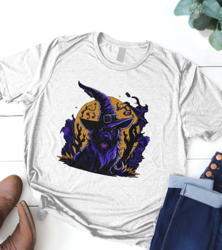 Halloween Witch Dog In Spooky Forest Horror Scene T-Shirt