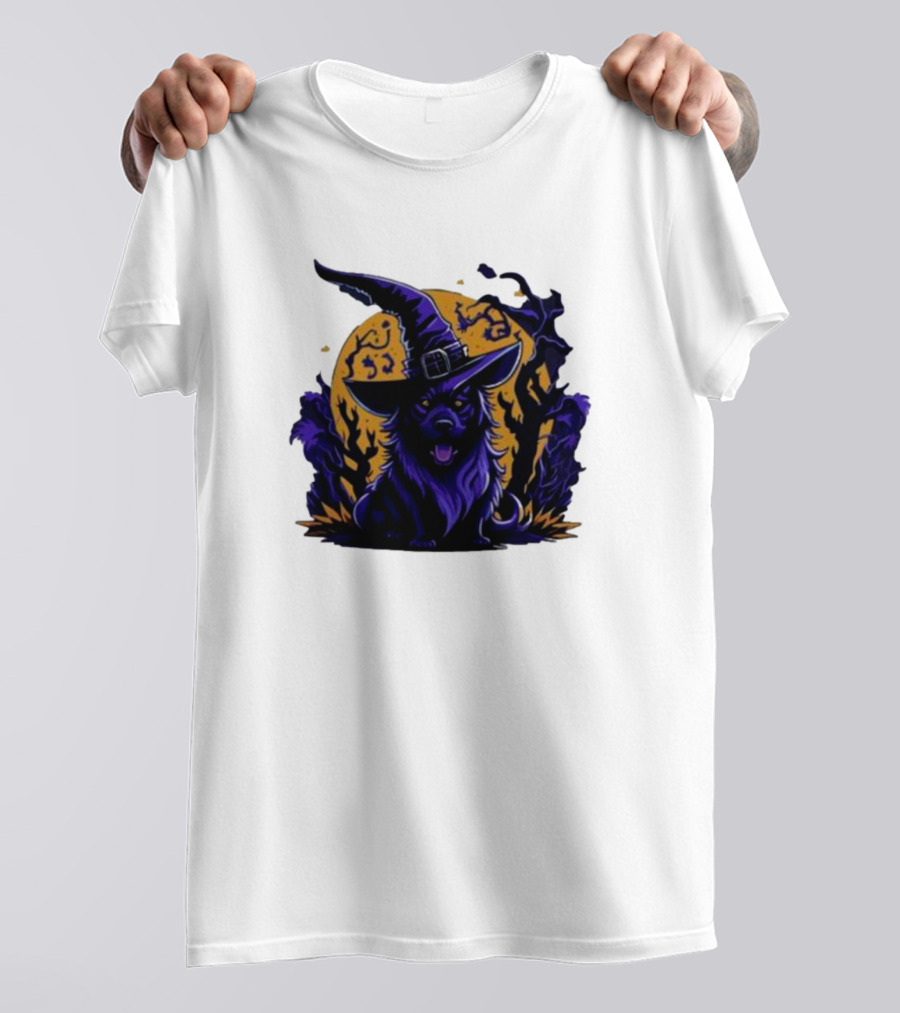Halloween Witch Dog In Spooky Forest Horror Scene T-Shirt