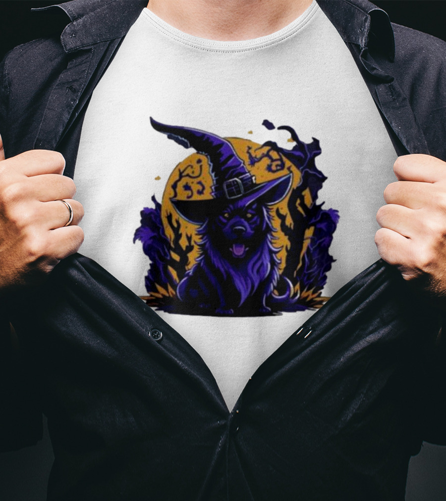 Halloween Witch Dog In Spooky Forest Horror Scene T-Shirt