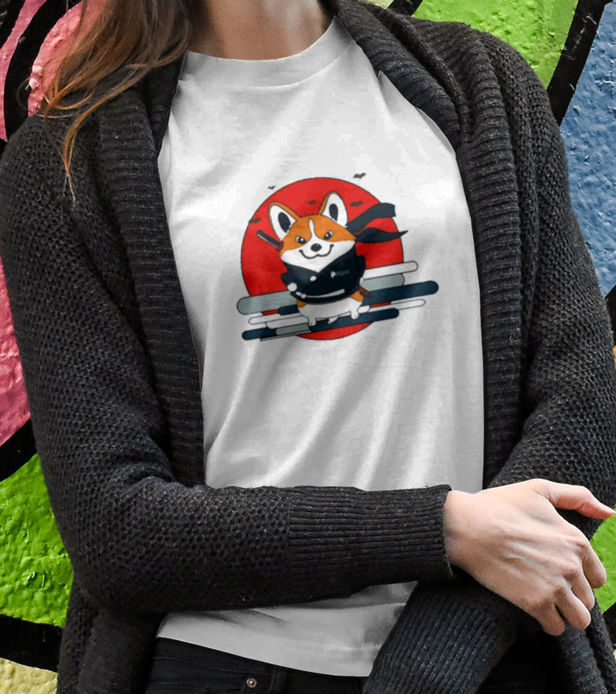 Ninja Corgi Red Sun With Bats T-Shirt