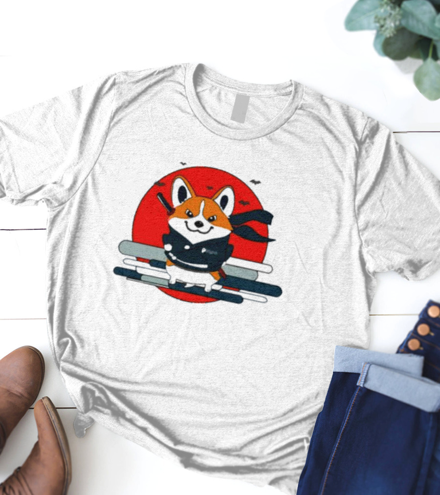 Ninja Corgi Red Sun With Bats T-Shirt