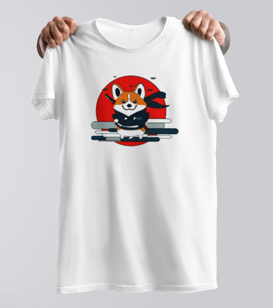 Ninja Corgi Red Sun With Bats T-Shirt