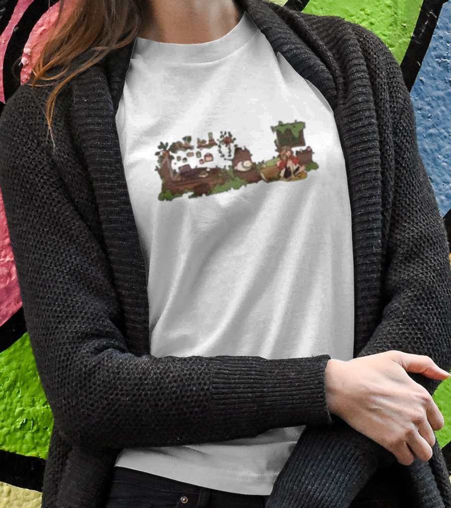 Woodlands Snifferish X Pop Cozy Cottage Scene With Greenery And Logs T-Shirt